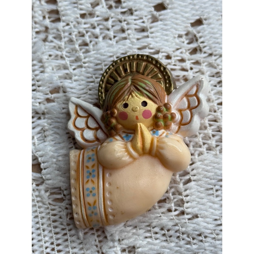 Vintage Hallmark Praying Angel Pin Gold Halo Cherub Plastic Brooch Made in USA